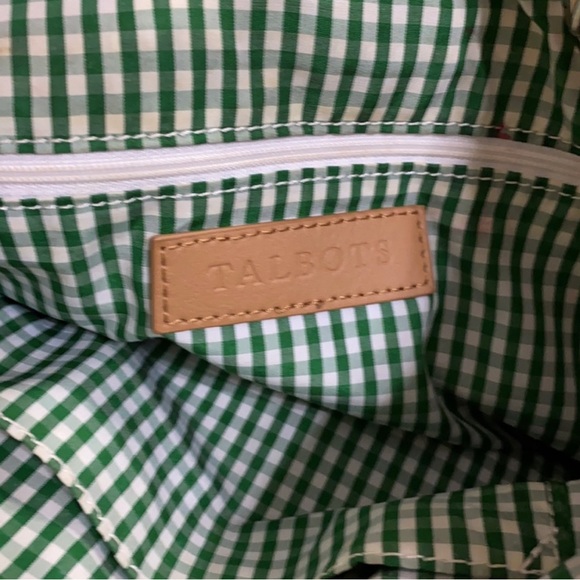 Talbots tan Straw bucket purse with green gingham check pattern fabric inside - Picture 5 of 6
